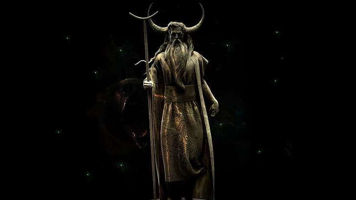 Statue, Horns, Staff, Black background, Veles, Slavic God, Sasha, Gregerman, Cattle God, HD wallpaper