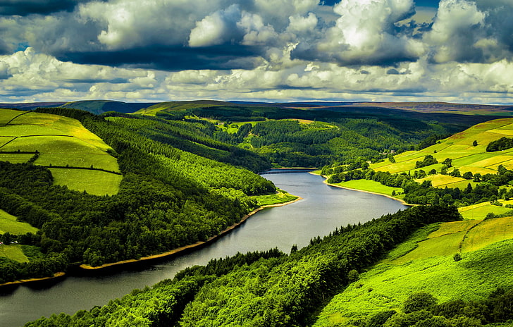 England, clouds, trees, forest, hills, green, nature, UK, water, landscape, field, river, HD wallpaper