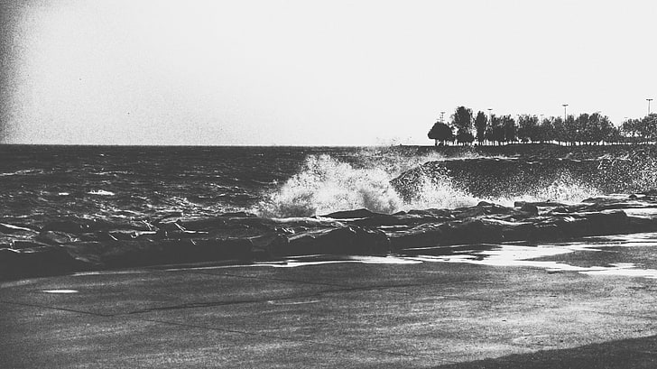 монохромный, волны, берег, HD обои