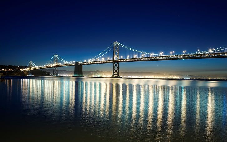 skyline photography of bridge, bridge, landscape, San Francisco-Oakland Bay Bridge, city lights, dusk, HD wallpaper