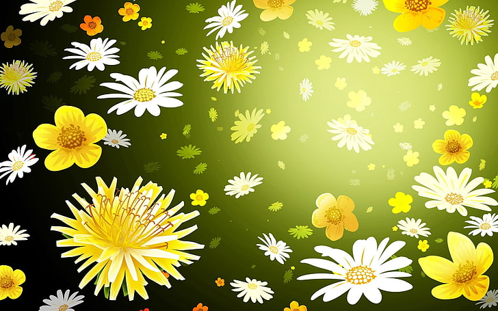 flower digital wallpaper, flowers, graphic, background, daisies, dandelions, HD wallpaper