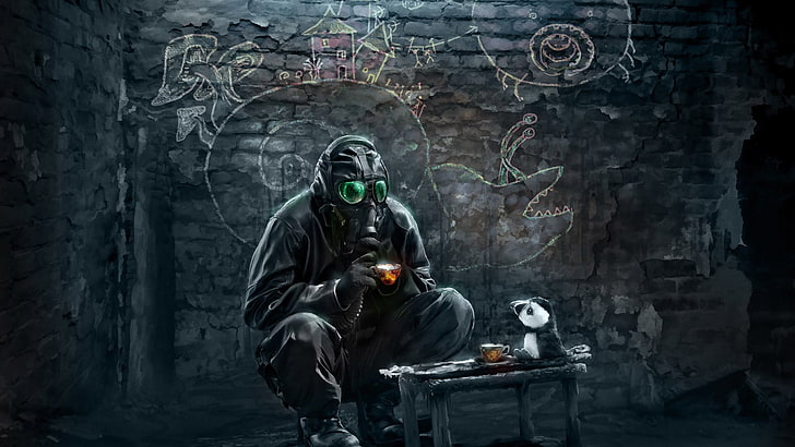 pria yang mengenakan jas hitam dan topeng wallpaper digital, apokaliptik, masker gas, Romantically Apocalyptic, Vitaly S Alexius, Wallpaper HD