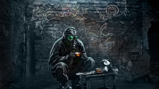 homme portant costume noir et masque papier peint numérique, apocalyptique, masques à gaz, romantiquement apocalyptique, Vitaly S Alexius, Fond d'écran HD HD wallpaper
