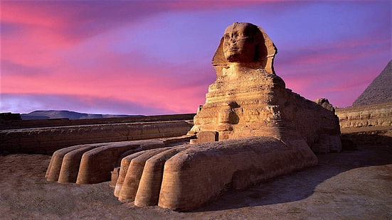 unesco world heritage site, giza, great sphinx of giza, sphinx, egypt, great sphinx, pink clouds, history, tourism, geology, sand, historical, tourist attraction, landscape, formation, rock, ancient history, pink sky, monument, sky, badlands, HD wallpaper HD wallpaper