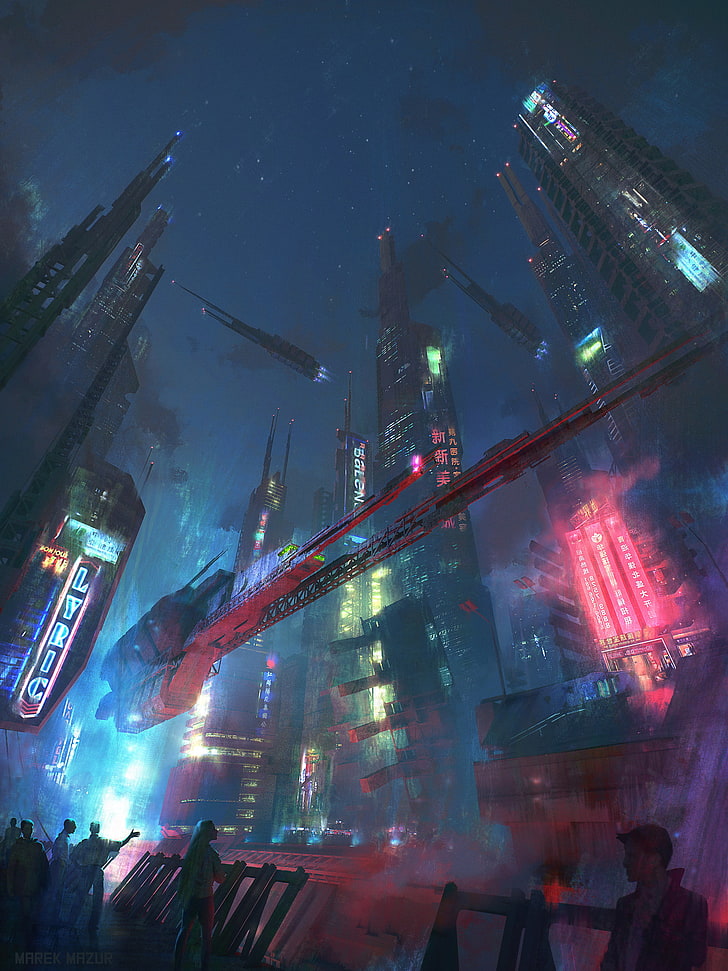 cyberpunk, Marek Mazur,   digital , city, futuristic, concept art, neon, science fiction, HD wallpaper