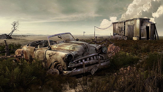 coche, coche viejo, vehículo, ruina, coches antiguos, árbol, óxido, hierba, cielo, paisaje, Fondo de pantalla HD HD wallpaper