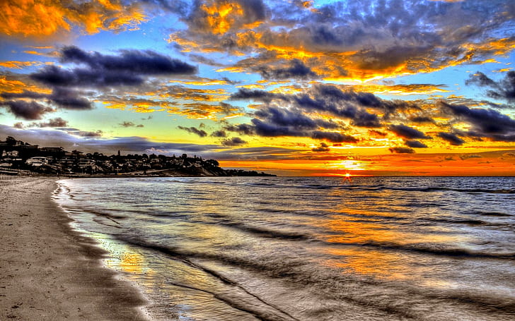 Fancy Clouds Of Dusk, pittura sulla spiaggia, spiaggia, orizzonte, città, tramonto, natura e paesaggi, Sfondo HD