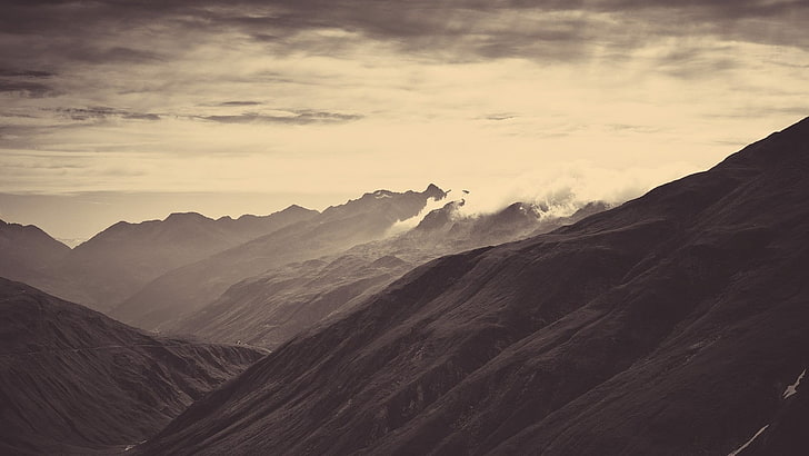 gray mountain, sepia photography of mountain, mountains, sky, nature, landscape, dark, sepia, HD wallpaper