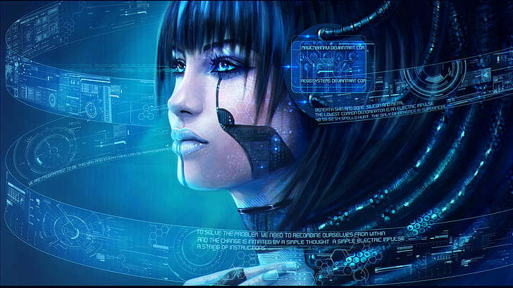 삽화, 파란 립스틱, 파란 눈, 비디오 게임, 사이버 펑크, 여자들, 디지털 아트, 판타지 아트, Cortana, 공간, 로봇, 전선, HUD, 후광, 과학 기술, 푸른, MagicnaAnavi, 파란색 배경, 아즈텍, 사이보그, 미래의, HD 배경 화면