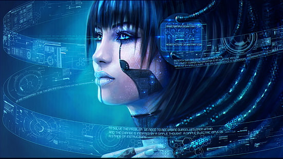 black haired woman digital wallpaper, kunstwerk, videospiele, cyborg, futuristisch, frauen, cyberpunk, digitale kunst, blau, cortana, halo, magicnaannavi, technologie, blaue augen, blauer hintergrund, drähte, blauer lippenstift, weltraum, aztekisch, fantasiekunst,Roboter, HUD, Cyan, HD-Hintergrundbild HD wallpaper