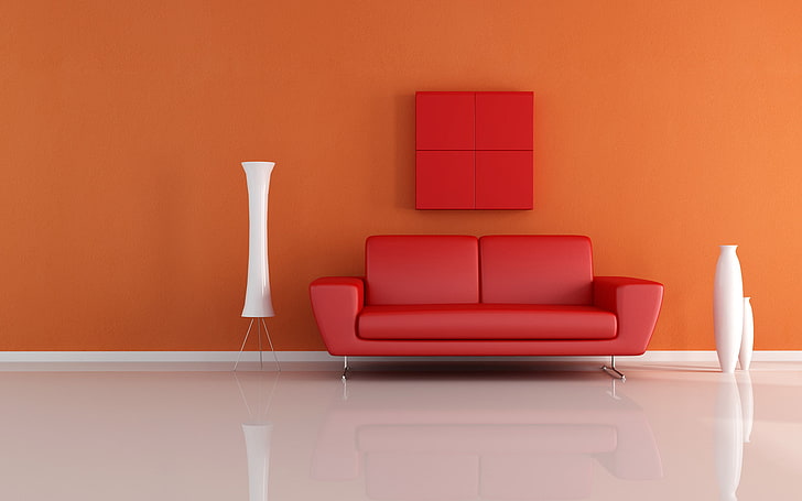 red leather-padded couch, design, sofa, interior, minimalism, vases, HD wallpaper