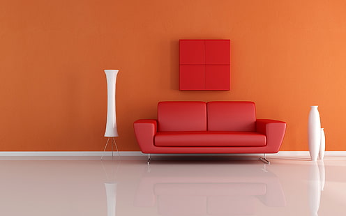 червен кожен подплатен диван, дизайн, диван, интериор, минимализъм, вази, HD тапет HD wallpaper