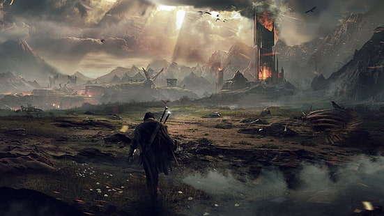 uomo che cammina vicino all'illustrazione del campo, videogiochi, Il Signore degli Anelli, fantasy art, Mordor, Terra di mezzo: Shadow of Mordor, Terra di mezzo, guardando in lontananza, Sfondo HD HD wallpaper