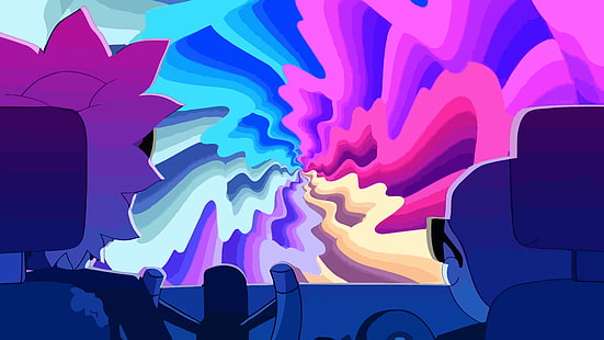 Rick e Morty, carro, executar as jóias, gráficos vetoriais, arco-íris, HD papel de parede HD wallpaper