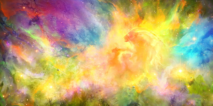 yellow, orange, blue, and purple abstract painting, space, stars, lioness, lion, HD wallpaper