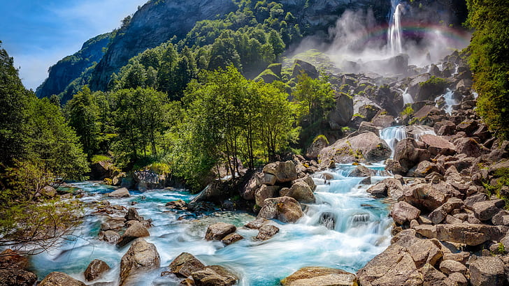 деревья, вода, Швейцария, водопад, скалы, nautre, радуга, фотография, деревья, вода, Швейцария, водопад, скалы, nautre, радуга, HD обои