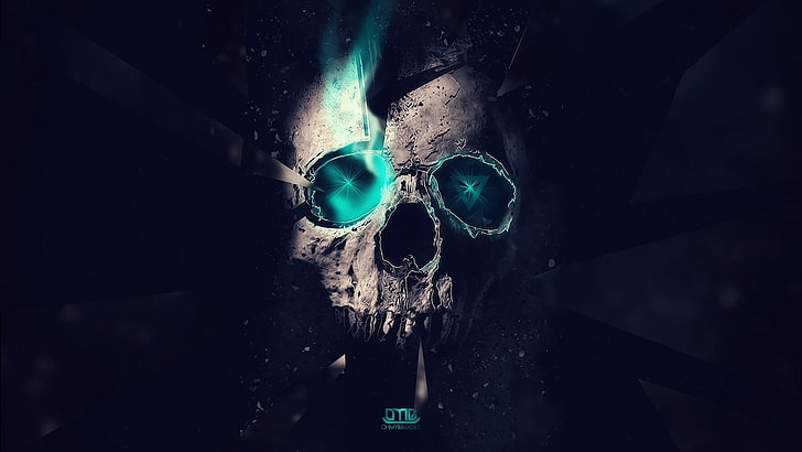 human skull illustration, artwork, skull, neon, digital art, cyan, black background, turquoise, HD wallpaper