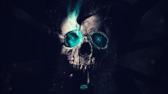 human skull illustration, artwork, skull, neon, digital art, cyan, black background, turquoise, HD wallpaper HD wallpaper