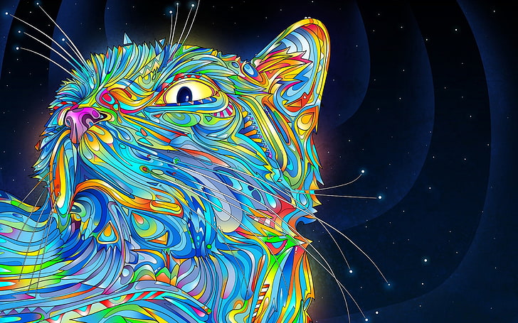 kucing, Warna-warni, seni digital, Matei Apostolescu, psychedelic, Wallpaper HD