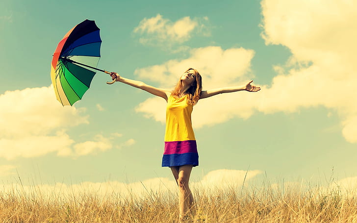 Happiness girl, rainbow umbrella, warmth nature, sky clouds, Happiness, Girl, Rainbow, Umbrella, Warmth, Nature, Sky, Clouds, HD wallpaper