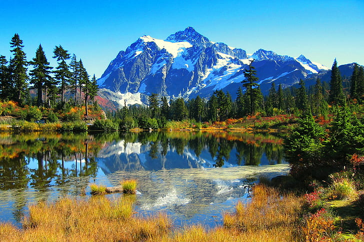 mountain landscape, mount shuksan, mount shuksan, Mount Shuksan, Picture, Lake  mountain, landscape, USA, forest  lake, colours, autumn  mountain, wa, washington, natural park, reflection, tree, explore, before  after, photoshop, magic, saturation, crop, modification, nature, explored, mountain, lake, scenics, outdoors, forest, water, summer, beauty In Nature, sky, blue, mountain Range, autumn, mountain Peak, travel, HD wallpaper