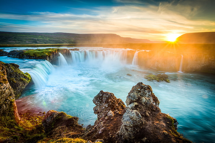 waterfalls wallpaper, the sun, dawn, waterfall, Iceland, Godafoss, HD wallpaper