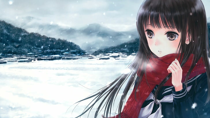 anime, flicka, skönhet, vinter, 4k, HD tapet