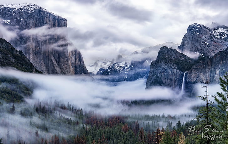 Eiskappenberg mit Kiefern tagsüber, Yosemite, Yosemite, Inversion, Eiskappe, Berg, Kiefern tagsüber, Yosemite-Nationalpark, Kalifornien, Wolken, Wald, Tal, El Capitan, Wasserfall, halbe Kuppel, Westen, Westen, Fernweh, reise, natur, landschaft, berggipfel, scenics, draussen, schnee, europäische alpen, HD-Hintergrundbild