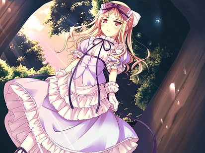 gelbhaarige Mädchen Anime Charakter Illustration, Shukufuku keine Campanella, Mädchen, Blondine, Kleid, Wald, HD-Hintergrundbild HD wallpaper