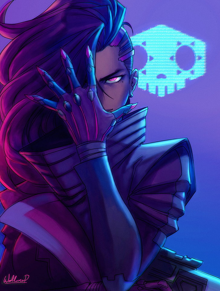 purple haired female fictional character wallpaper, Overwatch, Sombra (Overwatch), Sombra, pink eyes, purple hair, long hair, HD wallpaper