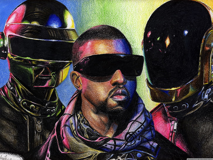 three person painting, Figure, Music, Art, Daft Punk, Thomas Bangalter, Kanye West, Guy-Manuel de Homem Christo, Guy-Manuel de homem-Christo, HD wallpaper