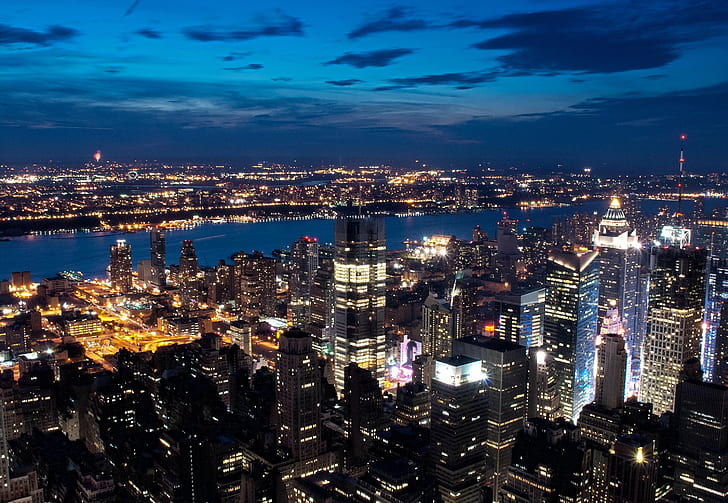 aerial photograph of cityscape during nighttime, Evening, New York City, aerial photograph, cityscape, nighttime, night, nite, mood, drama, urban Skyline, skyscraper, downtown District, architecture, urban Scene, city, famous Place, office Building, tower, building Exterior, dusk, built Structure, business, aerial View, illuminated, financial District, asia, HD wallpaper