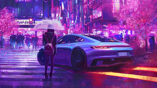 Porsche, chuva, neon, obras de arte, HD papel de parede HD wallpaper