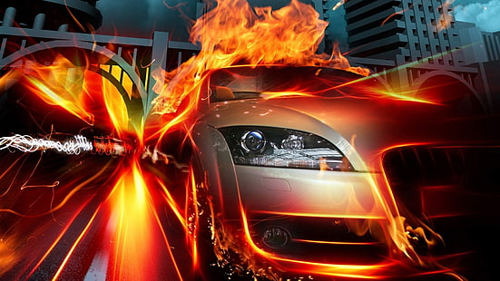 пламя, огонь, машина, ауди, HD обои HD wallpaper