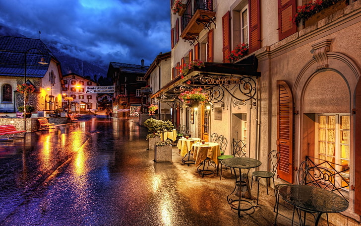 round gray table with chairs set, switzerland, street, cafes, evening, hdr, HD wallpaper