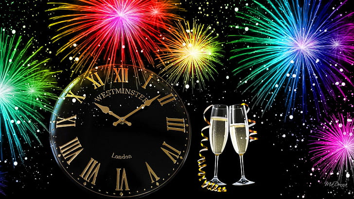 New Year To Celebrate, clock, fireworks, new years eve, new years, time, bright, champagne, drink, 3d and abstract, HD wallpaper