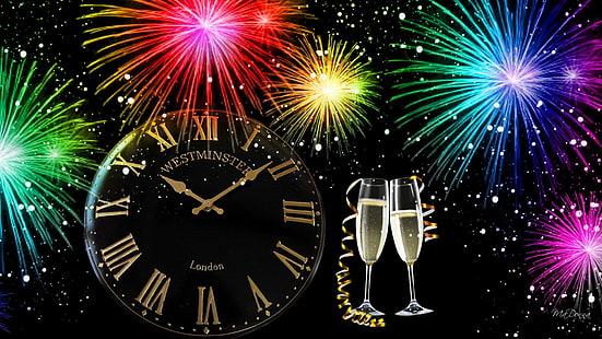 New Year To Celebrate, clock, fireworks, new years eve, new years, time, bright, champagne, drink, 3d and abstract, HD wallpaper HD wallpaper