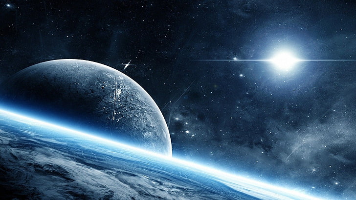 Erde und Mond Wallpaper, Fackeln, Raumkunst, Planet, Sterne, glühend, HD-Hintergrundbild