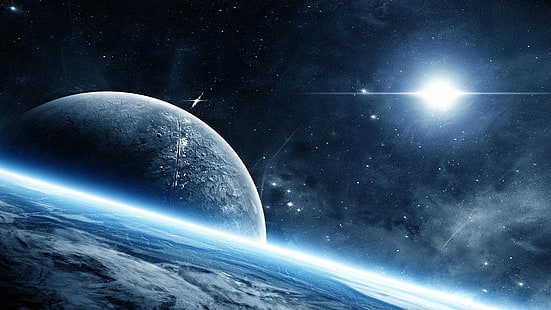 Erde und Mond Wallpaper, Fackeln, Raumkunst, Planet, Sterne, glühend, HD-Hintergrundbild HD wallpaper