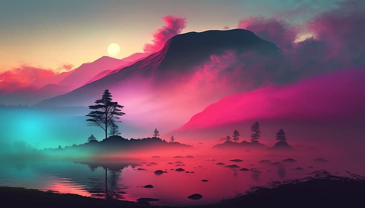 AI art, mist, morning, sunrise, landscape, mountains, lake, HD wallpaper