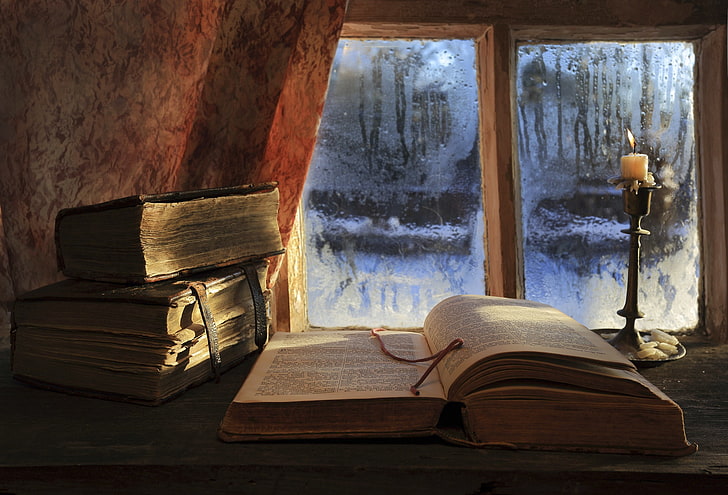 buku terbuka, buku, lilin, jendela, baca sampai pagi, Wallpaper HD