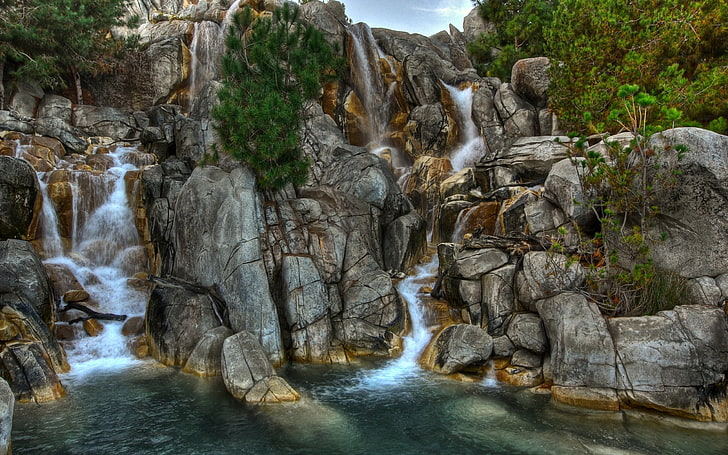gray rock formation, waterfall, rocks, river, flow, HD wallpaper
