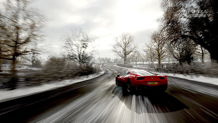 Forza Horizo​​n 4、風景、ビデオゲーム風景、車、フェラーリ、フェラーリ458、赤、赤の車、漂流、雪、白、 HDデスクトップの壁紙