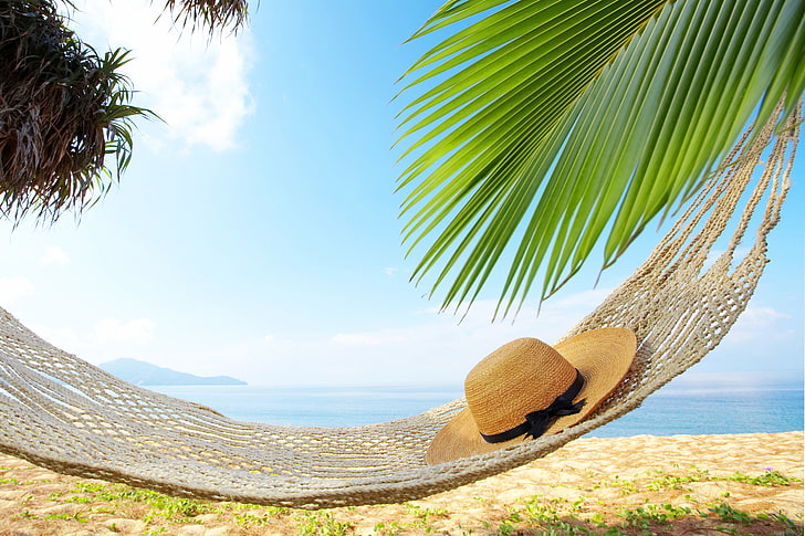brown wicker hat, sea, beach, summer, stay, hat, hammock, sun, glasses, vacation, accessories, HD wallpaper