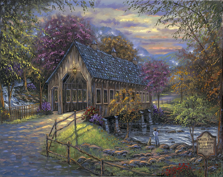 Artistic, Painting, Colorful, Colors, Covered Bridge, HD wallpaper