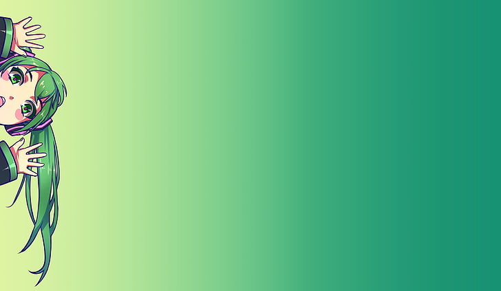 Fondo de pantalla digital de personaje de anime femenino de pelo verde, adorno para el cabello, cabello largo, Vocaloid, flequillo, Hatsune Miku, twintails, fondo simple, verde, ojos verdes, auriculares, cabello verde, rubor, boca abierta, As109, Fondo de pantalla HD