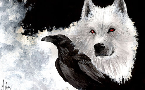 weiße und schwarze Kurzfellkatze, Fantasiekunst, Vögel, Tiere, Wolf, HD-Hintergrundbild HD wallpaper