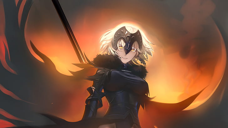 gry Fate Series białe włosy krótkie włosy włócznia ognia FateGrand Order anime dziewczyny Avenger (FateGrand Order) żółte oczy zbroja Jeanne darc alter, Tapety HD