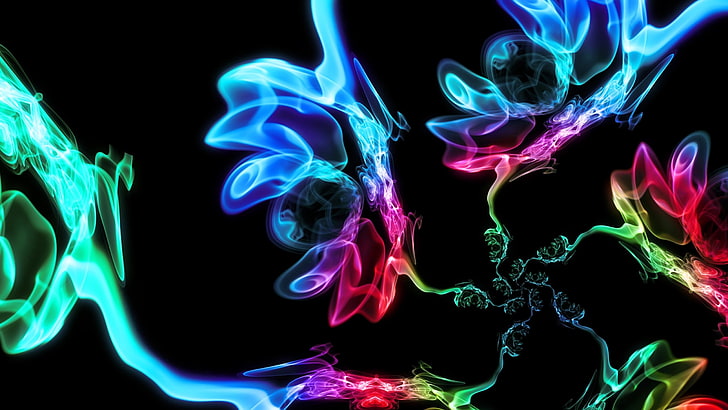 black, red, and blue wallpaper, smoke, colored, dark background, forms, HD wallpaper