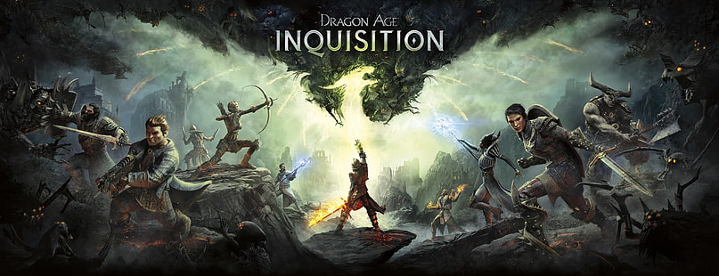 วอลเปเปอร์ดิจิตอล Dragon Age Inquisition, Dragon Age Inquisition, มังกร, ธนูและลูกศร, ดาบ, เวทมนตร์, Bioware, EA, วิดีโอเกม, Dragon Age, วอลล์เปเปอร์ HD HD wallpaper